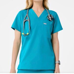 FIGS Teal Blue Catarina One Pocket Short Sleeve Scrub Top V Neck Womens Sz Large